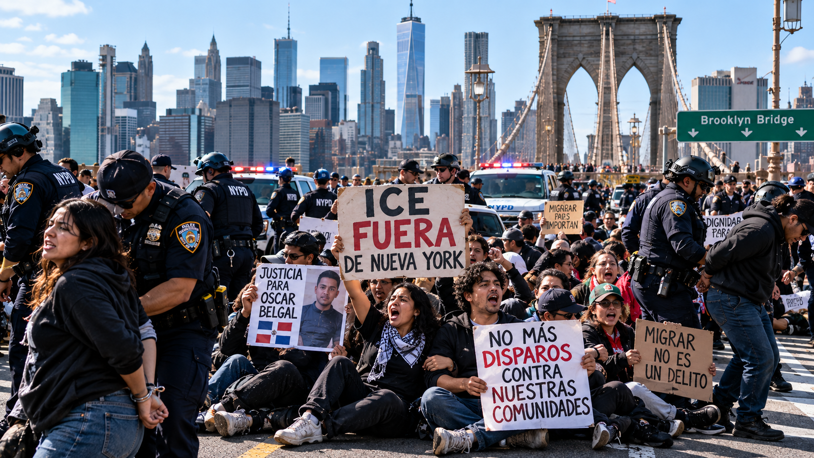 Protesta contra ICE bloquea el Puente de Brooklyn y deja 14 detenidos en Nueva York
