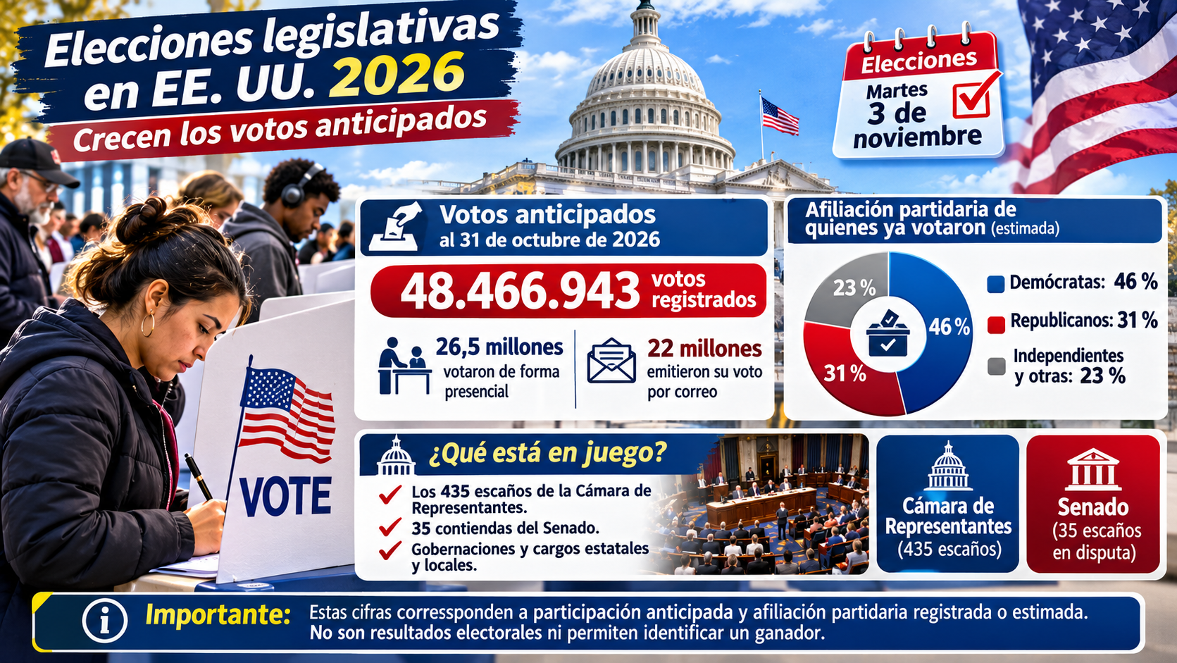 Estados Unidos supera los 48 millones de votos anticipados a tres días de las elecciones de medio término de 2026